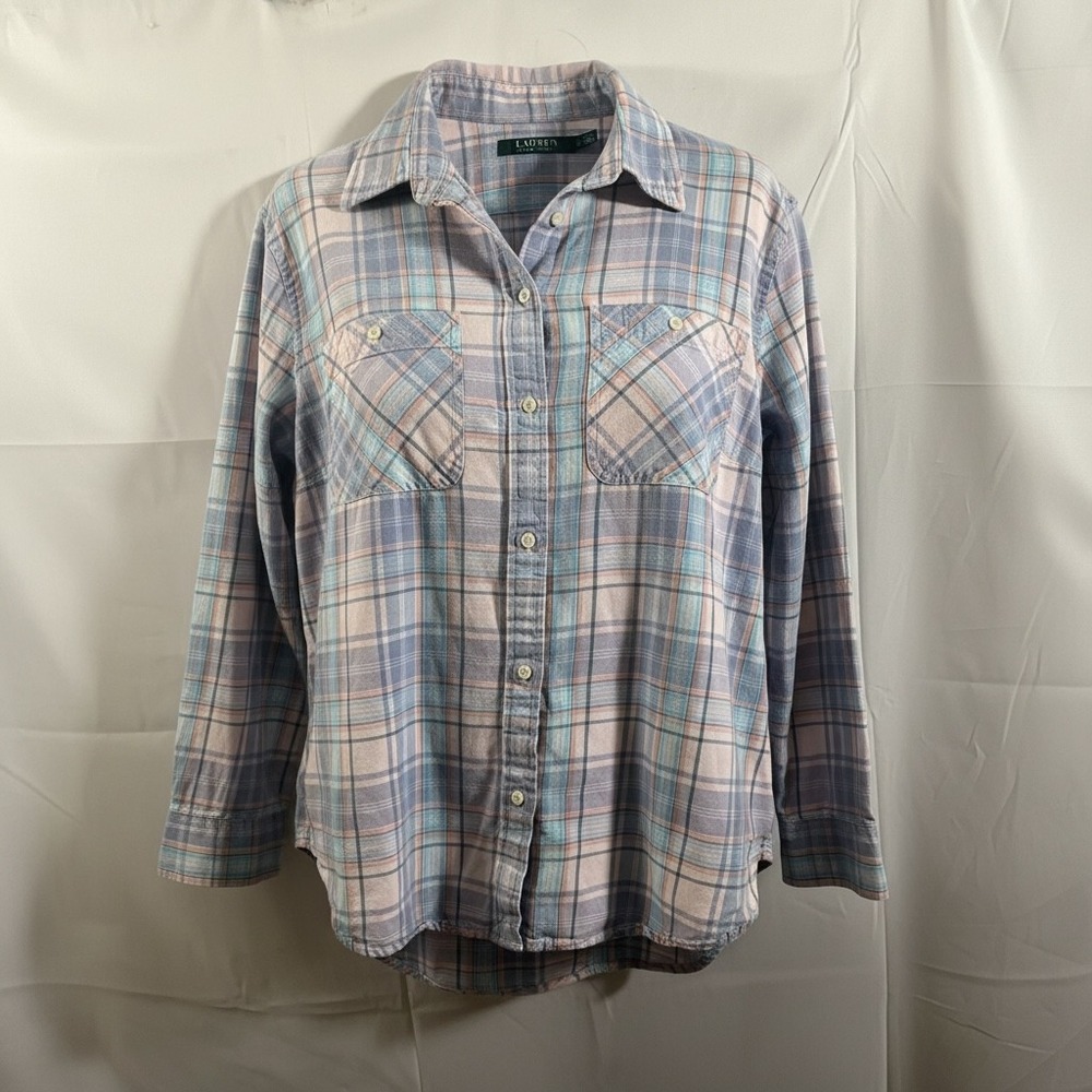Lauren Ralph Lauren Plaid Shirt Women 2X Blue Pink Cotton Flannel